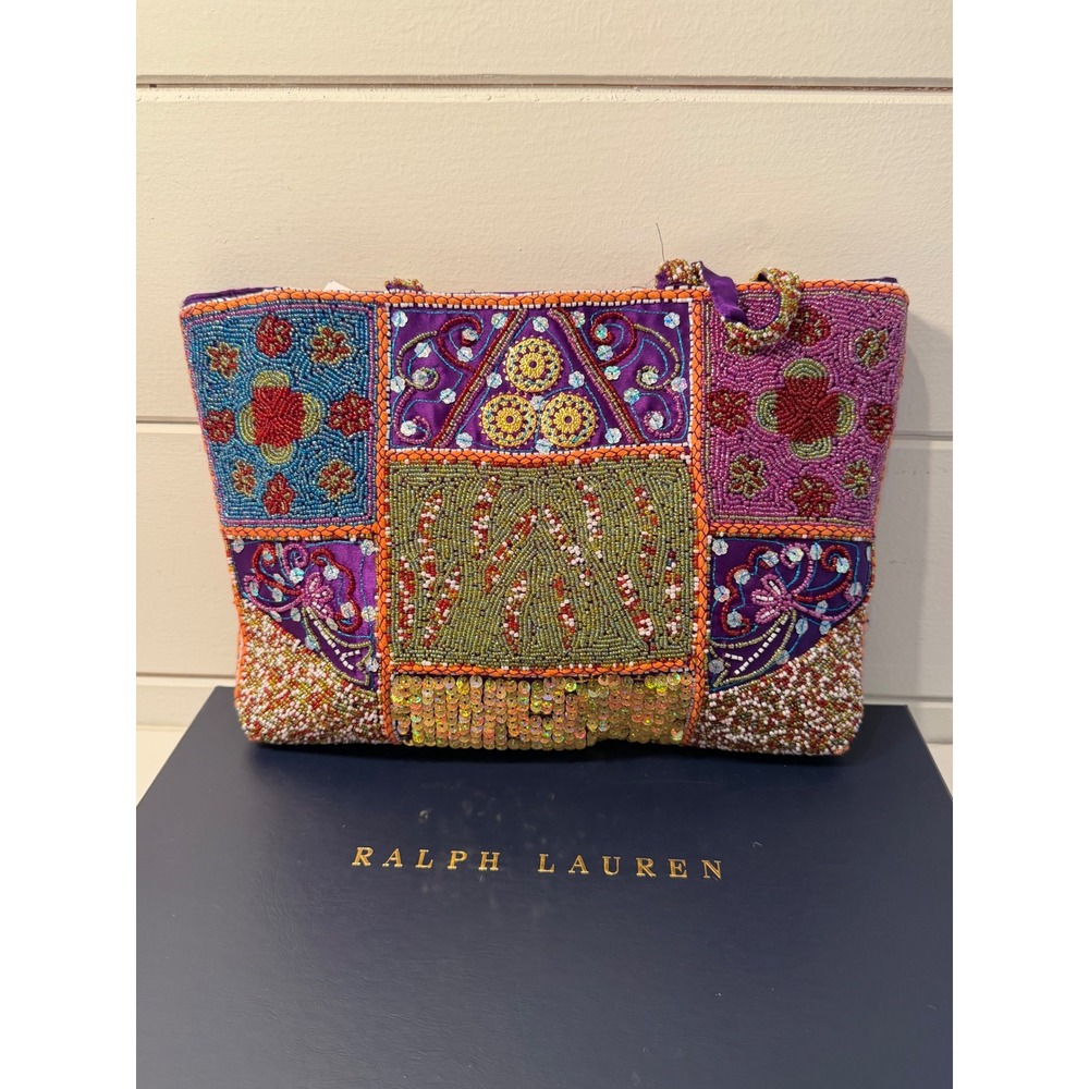 Ralph Lauren Beaded Patchwork Sequin Tote Bag Purple Multi Bohemian Shoulder Bag